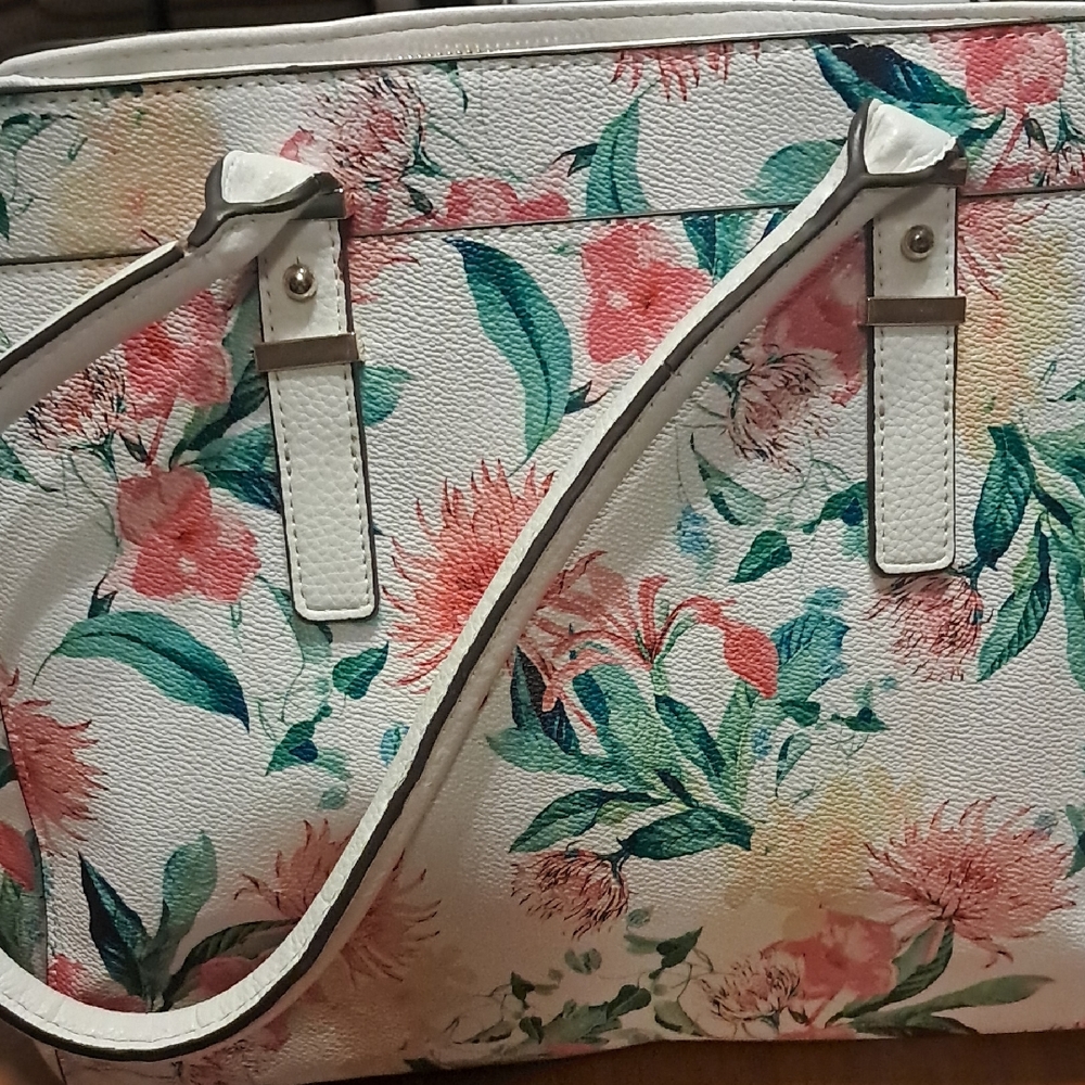 Liz Claiborne White Tote with Pink and Green Floral Design